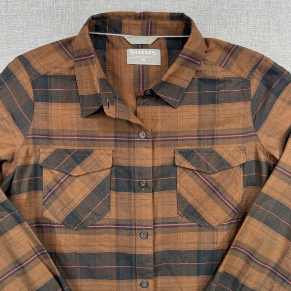 Simms Fishing Flannel Button Shirt Womens Medium Brown Black Pink Outdoor Soft - Picture 1 of 9